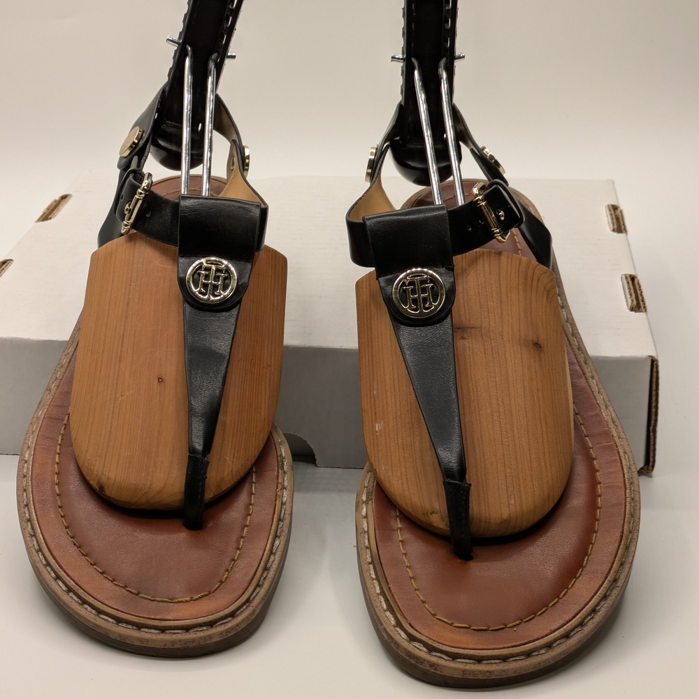 Black and Brown Sandals with Logo Detail Sz 8 Tommy Hilfiger